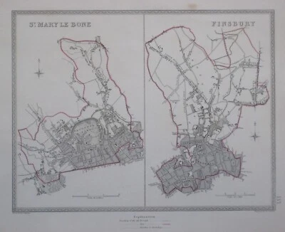 Mapas originales del distrito de Londres de 1835 St. Marylebone y Finsbury Inglaterra Paddington Foto 1 de 4