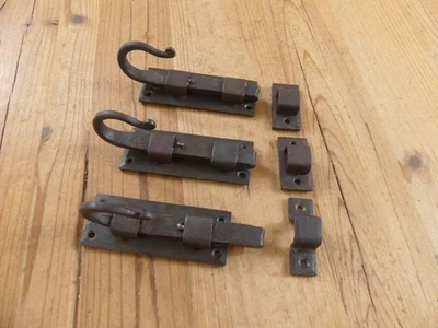 3 IRON FLAT SLIDING LOCK CABINET DOOR CUPBOARD SLIDE LATCH BARN *SOME RUST READ* - Image 1 of 4