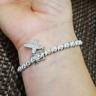 Ross Simons QVC Sterling Silver Tennis Bracelet Diamond Cross Charm 7.5 Inch - Image 1 of 4