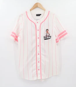 Bett Boop Damen Nadelstreifen Knopfleiste Baseball Trikot rosa weiß Streifen Gr. L - Bild 1 von 10