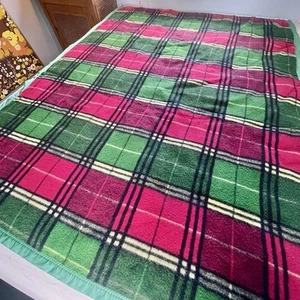 Vintage Wool Blanket Reversible Red/Green/Black Check Green Satin Edging - Picture 1 of 18