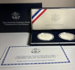 1999 Yellowstone Nat’l  Park Commemorative Two Coin Set, 90% Silver w/ COA & Box - Picture 1 of 4