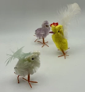3 Vintage Chenille Pfeifenreiniger Miniatur Vögel Drahtfüße LESEN! - Bild 1 von 7