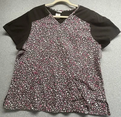 Scrubstar Scrubs Top, Adult XL Two Pocket Medical Shirt. Black, Pink & White. - Image 1 of 4