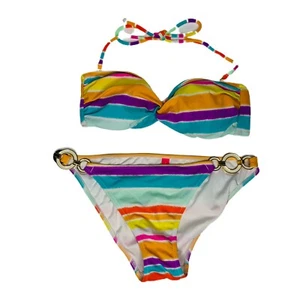 Victoria's Secret Striped Beach Bikini Sz Small Gold Accents Removable Straps - Picture 1 of 6