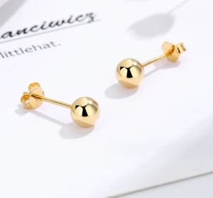 14K Gold Plated 925 Sterling Silver Round Polish Ball Stud Earrings Gift H8 - Picture 1 of 4