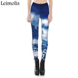 LADIES 3 D PRINT LIGHTNING ROUGH SEAS GOTHIC PLUS SIZE LEGGINGS YOGA STREETWEAR - Picture 1 of 6