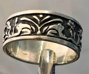 VTG Sterling Silver Carved FROGS & FLOWERS Wide Ring Band size 8.25 - Picture 1 of 6