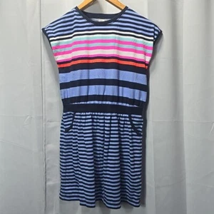 OshKosh Girls 14 Pullover Dress Cap Sleeve Striped Navy Multi Midi Pockets - Picture 1 of 6