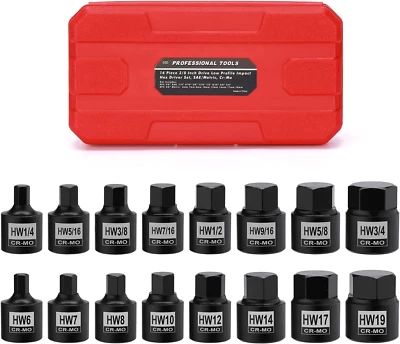 16 Pieces 3/8" Drive Low Profile Hex Socket Set Impact Allen Bit Socket Crmo 1/4 - Image 1 of 4