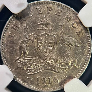 AUSTRALIA. 1916, 3 Pence, Silver, M - NGC AU55 - KGV, Melbourne, Semi-Key - Picture 1 of 6