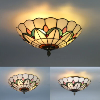 Tiffany Style Flush Mount Ceiling Light Stained Glass Lamp Shade Bedroom Fixture