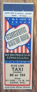 TAXI CAB PATRIOTIC MATCHBOOK COVER: BLUE LINE TAXI MATCHCOVER CASPER WYOMING D24 - Picture 1 of 3