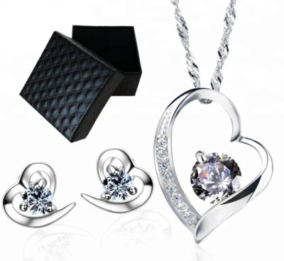 Edel Schmuckset Herz Kette Ohrringe Zirkonia Kristall 925er Sterling Silber Etui - Bild 1 von 4