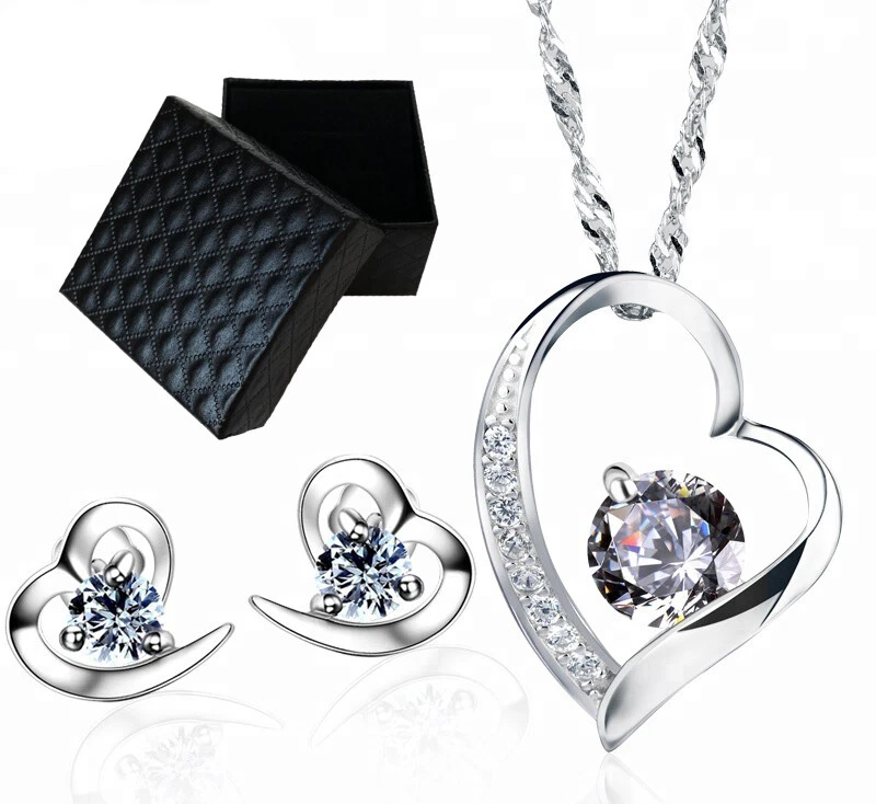 Edel Schmuckset Herz Kette Ohrringe Zirkonia Kristall 925er Sterling Silber Etui - Bild 1 von 4