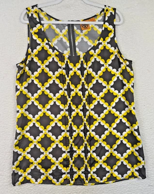 Tory Burch 真丝背心灰色黄色图形职业办公室拉链 14 码 — 第 1/4 张图片