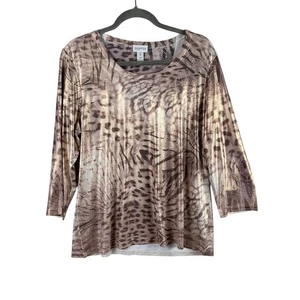 Zenergy by Chicos Animal Print Blouse Size 2 Brown Gold Metallic 3/4 Sleeve - Picture 1 of 8