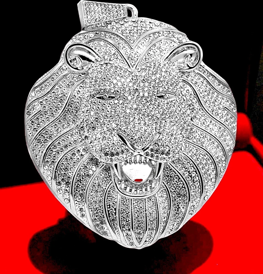 Colar hip hop prata gelada cabeça de leão jumbo 14 mm ziguezague corrente cubana 18”-24” - Imagem 1 de 4