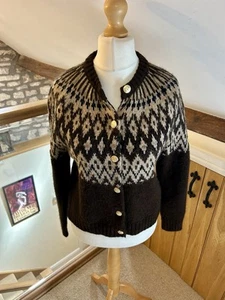 Zara Jacquard Knit Cardigan Brown Size Medium Chunky Gold Button - Picture 1 of 9