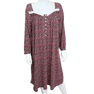 Eileen West Floral Button-Front Nightgown w/ Lace Trim Black/Red Womens Large - Picture 1 of 8
