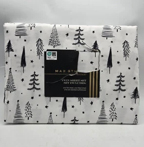 Max Studio Twin Sheet Microfiber White With Black Christmas Trees & Stars New - Picture 1 of 5