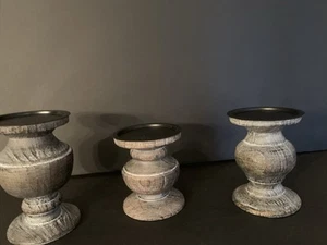 PartyLite Modern Rustic Pillar Holders Set of Three NIB P90537 Gray Wood Finish - Picture 1 of 10