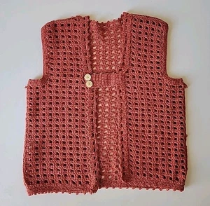 Vintage Handmade Openwork Crochet Open Front Sweater Vest Rust Boho Hippie Retro - Picture 1 of 8