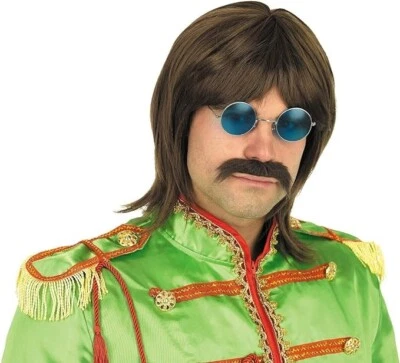 Mens Brown 60s Pop Icon Wig Mustache Glasses Set for Rock Band Star Costume - Image 1 of 2