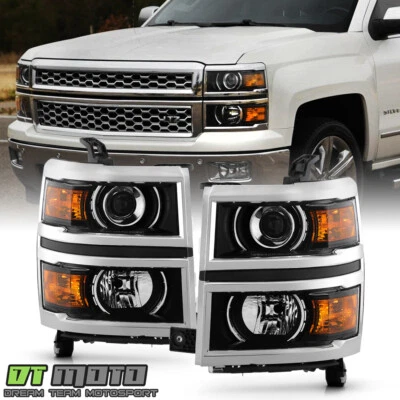 For 2014-2015 Chevy Silverado 1500 Chrome Trim Projector Headlights Headlamps - Image 1 of 4