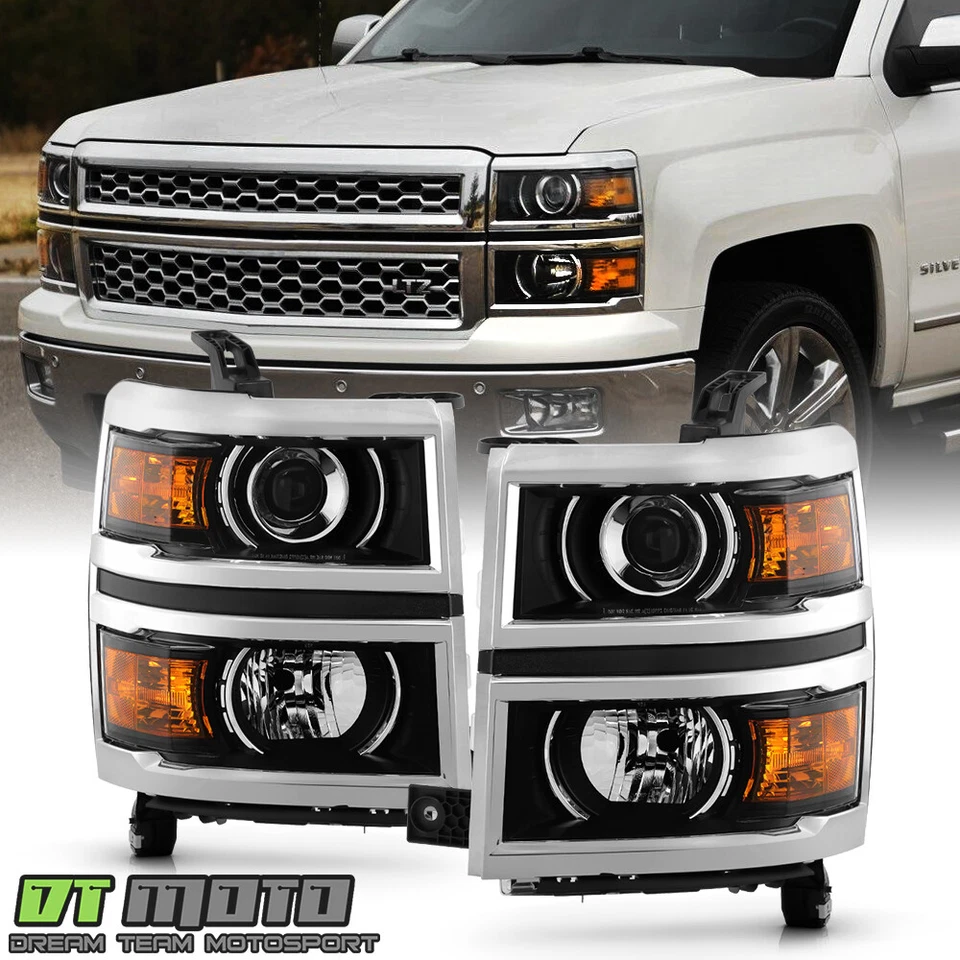 For 2014-2015 Chevy Silverado 1500 Chrome Trim Projector Headlights Headlamps - Image 1 of 4