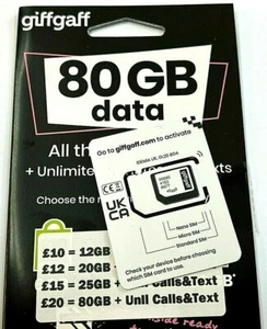 80GB + Unlimited Calls & Text New Giff Gaff Sim Card Data gifgaf PAYG 3 in 1 cut