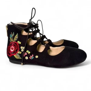 SAM EDELMAN BLACK SUEDE FLORAL LACE UP BALLET FLATS SIZE 3 - Picture 1 of 7
