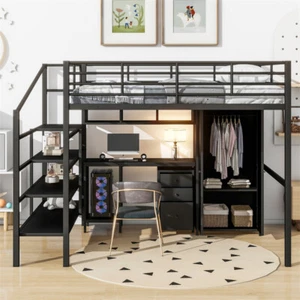Full Size Metal Loft Bed w/Desk Set ,Wardrobe & Storage Shelves for Teen Adults - Picture 1 of 18