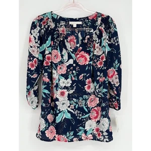 Juniper & Lime Sz M Navy Floral Smocked Neck 3/4 Sleeve Blouse NWT - Picture 1 of 12