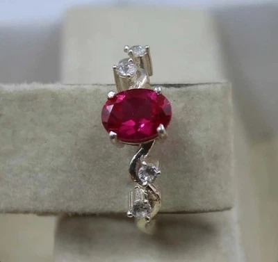 Oval Ruby Lab Created Ring Engagement Statement Ring 925 Sterling Silver Ring - Image 1 of 4
