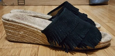 UGG Women's Kendra Mule Sandal Size 8 Wedge Espadrille Slide Black Suede Fringe - Image 1 of 4