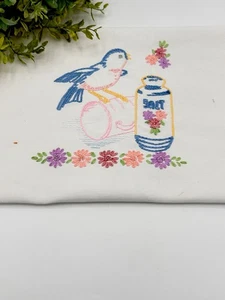 Vintage Embroidered Dresser Scarf Crafts Bluebird Salt Can Teapot 29x12 Stains - Picture 1 of 11