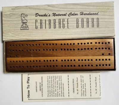 Cribbage Board Drueke Natural Color Walnut Hardwood No. 11 Instructions Pegs Box - Image 1 of 4