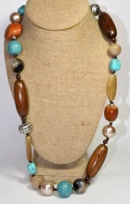 Collana Unica In Legno Con Palline In Argento E Finta Turchese 42" - Immagine 1 di 3