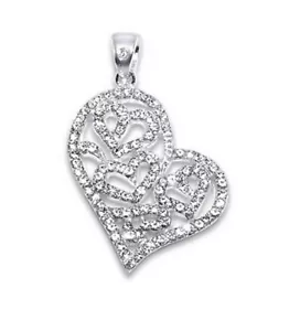 925 Argento Sterling 3D Cuore Ciondolo Collana Bianco Strass Zirconia Ø 25mm - Foto 1 di 3