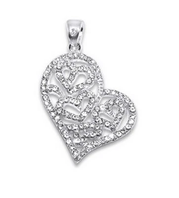 925 Sterling Silber 3D Herz Anhänger Kette Weiß Strass Zirkonia Halskette Ø 25mm - Bild 1 von 3