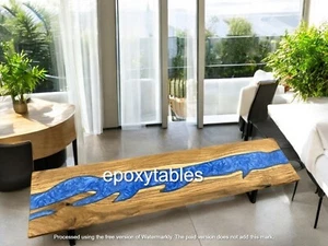 Blue Epoxy Resin Dining Table Handmade Furniture Countertop Wooden Live Edge Dec - Picture 1 of 7