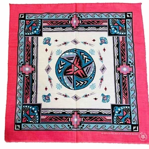 Vintage Bandana Square Red Teal Native Southwestern White - Picture 1 of 5