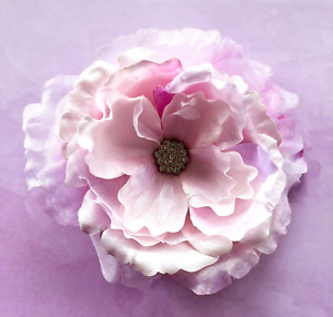 4.5" Fancy Light Pink Lavender Peony Silk Flower BROOCH Pin Rhinestone Cabochon