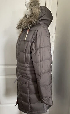 EDDIE BAUER Women’s M Goose Down Quilted Puffer Coat Gray Hooded Faux Fur - Image 1 of 4