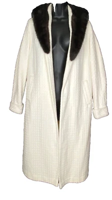 Chaqueta swing blanca vintage años 50 abrigo de algodón, cuello de piel marrón, pin up formal S Foto 1 de 4