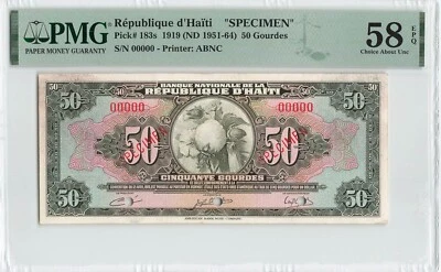HAITI 50 Gourdes 1919 (1951-1964), P-183s ABNC Print, Original a/UNC PMG 58 EPQ. - Image 1 of 2