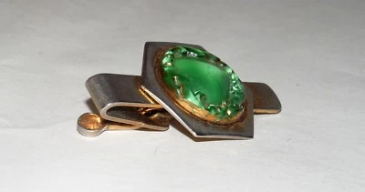 Зеленая круглая бугристая стеклянная винтажная мужская металлическая застежка-галстук в шестиугольной оправе - Изображение 1 из 4