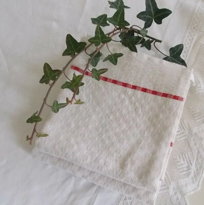 2 ANCIENS TORCHONS AVEC BANDES DE COULEURS rouge COTON - Photo 1/4