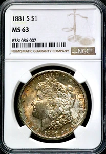 1881-S $1 Morgan Silver One Dollar NGC MS 63 Iridescent Obv & Rev Toning  CC625 - Picture 1 of 10